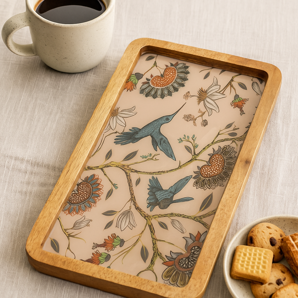 Handcrafted wooden serving platter with humming bird design