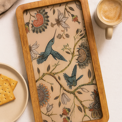 Handcrafted wooden serving platter with humming bird design