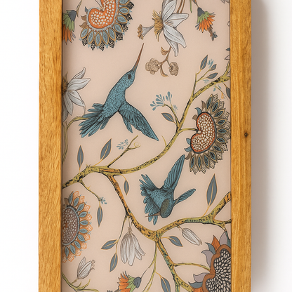Handcrafted wooden serving platter with humming bird design