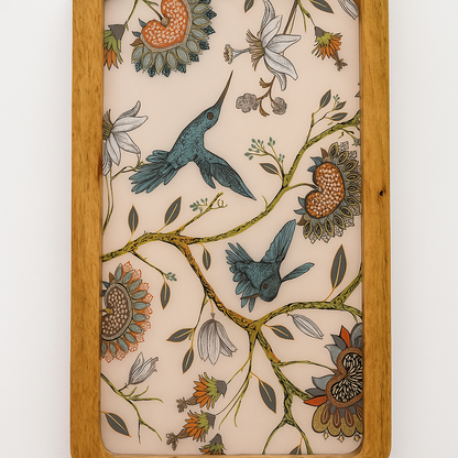 Handcrafted wooden serving platter with humming bird design
