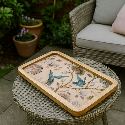 Handcrafted wooden serving platter with humming bird design