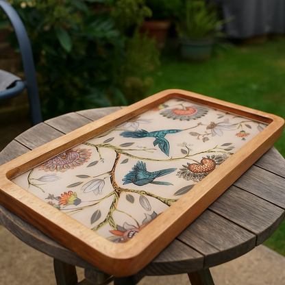 Handcrafted wooden serving platter with humming bird design