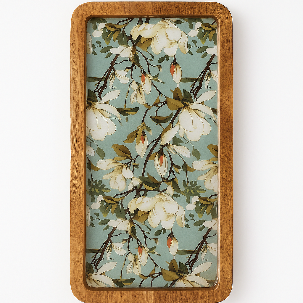 Resin Inlay Wooden Green Floral Design serving platter tray.