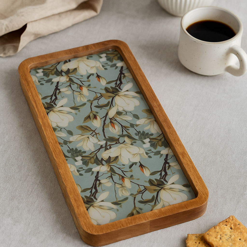 Resin Inlay Wooden Green Floral Design serving platter tray.