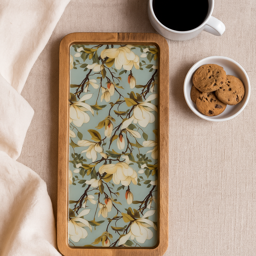 Resin Inlay Wooden Green Floral Design serving platter tray.