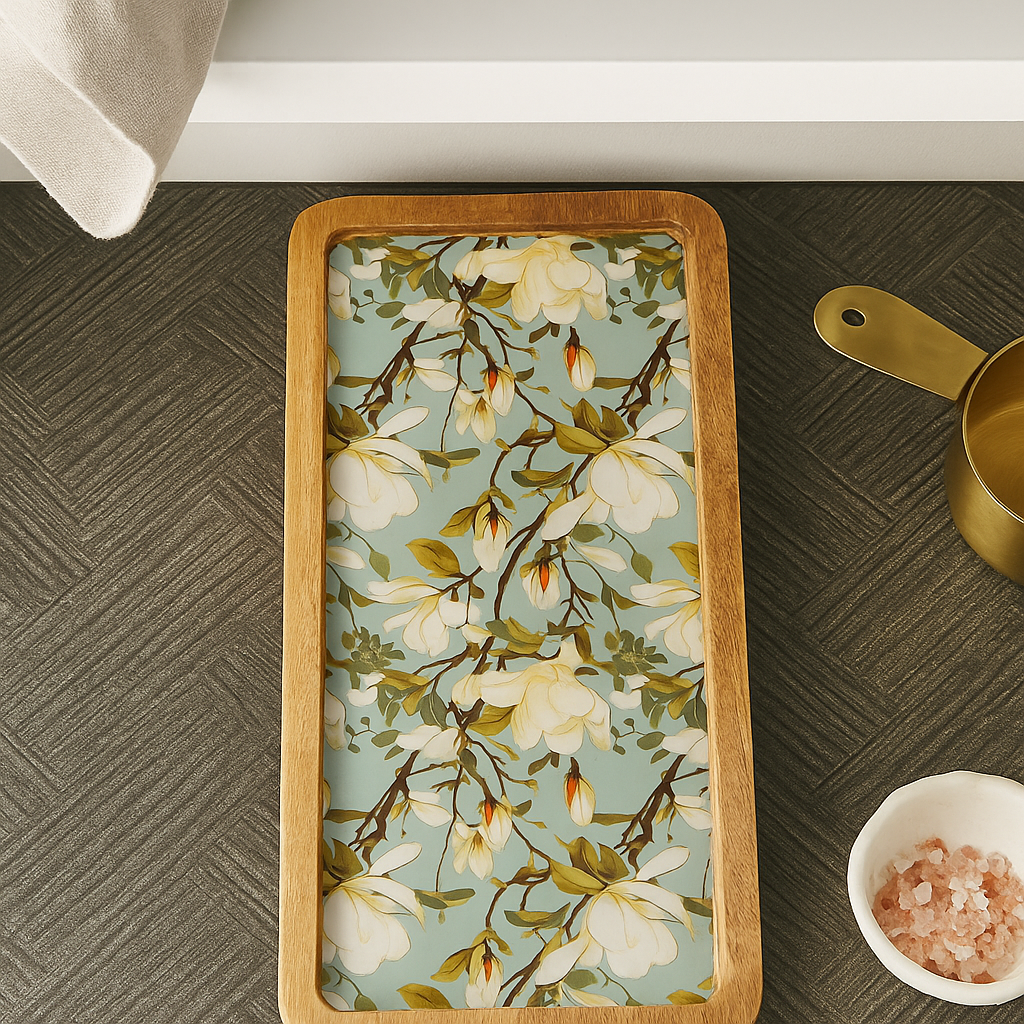 Resin Inlay Wooden Green Floral Design serving platter tray.