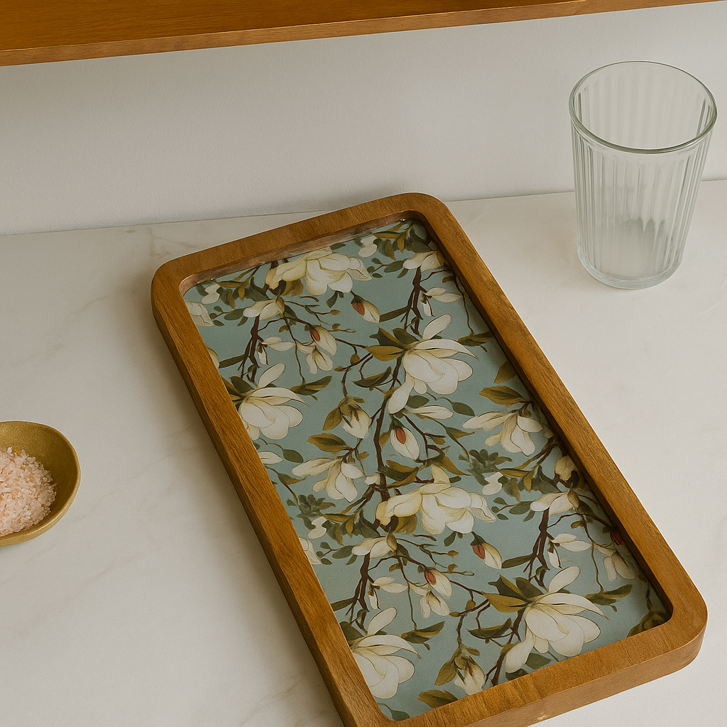 Resin Inlay Wooden Green Floral Design serving platter tray.