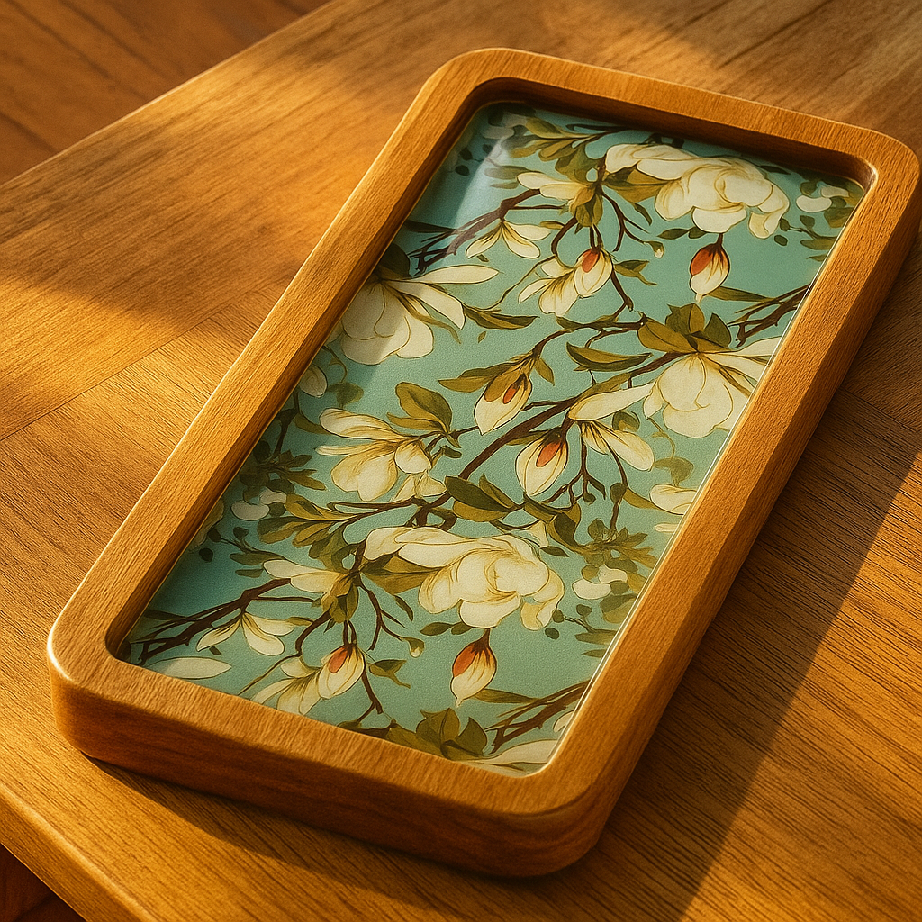 Resin Inlay Wooden Green Floral Design serving platter tray.