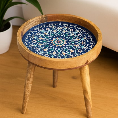 Handcrafted Wooden Blue Floral Round Resin Marrakesh side Table