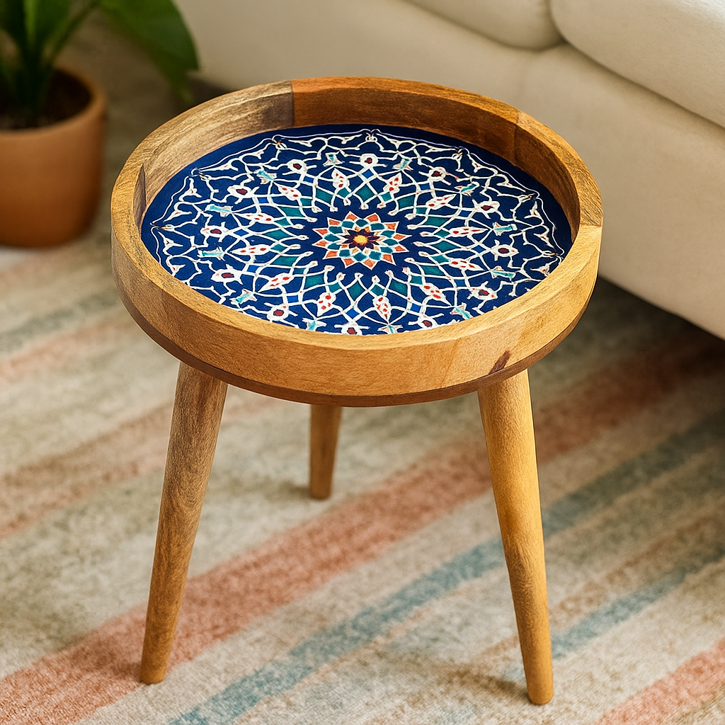 Handcrafted Wooden Blue Floral Round Resin Marrakesh side Table