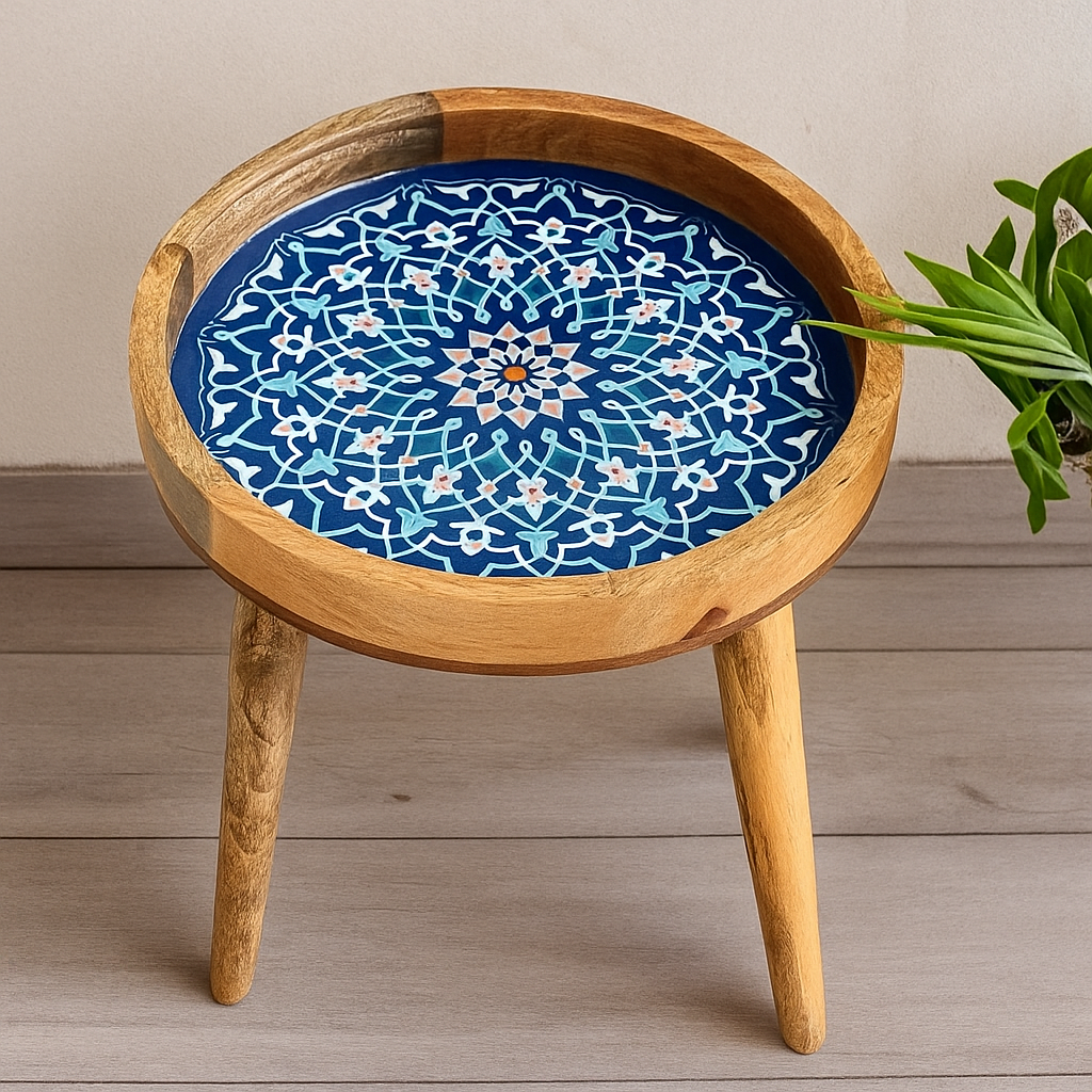 Handcrafted Wooden Blue Floral Round Resin Marrakesh side Table