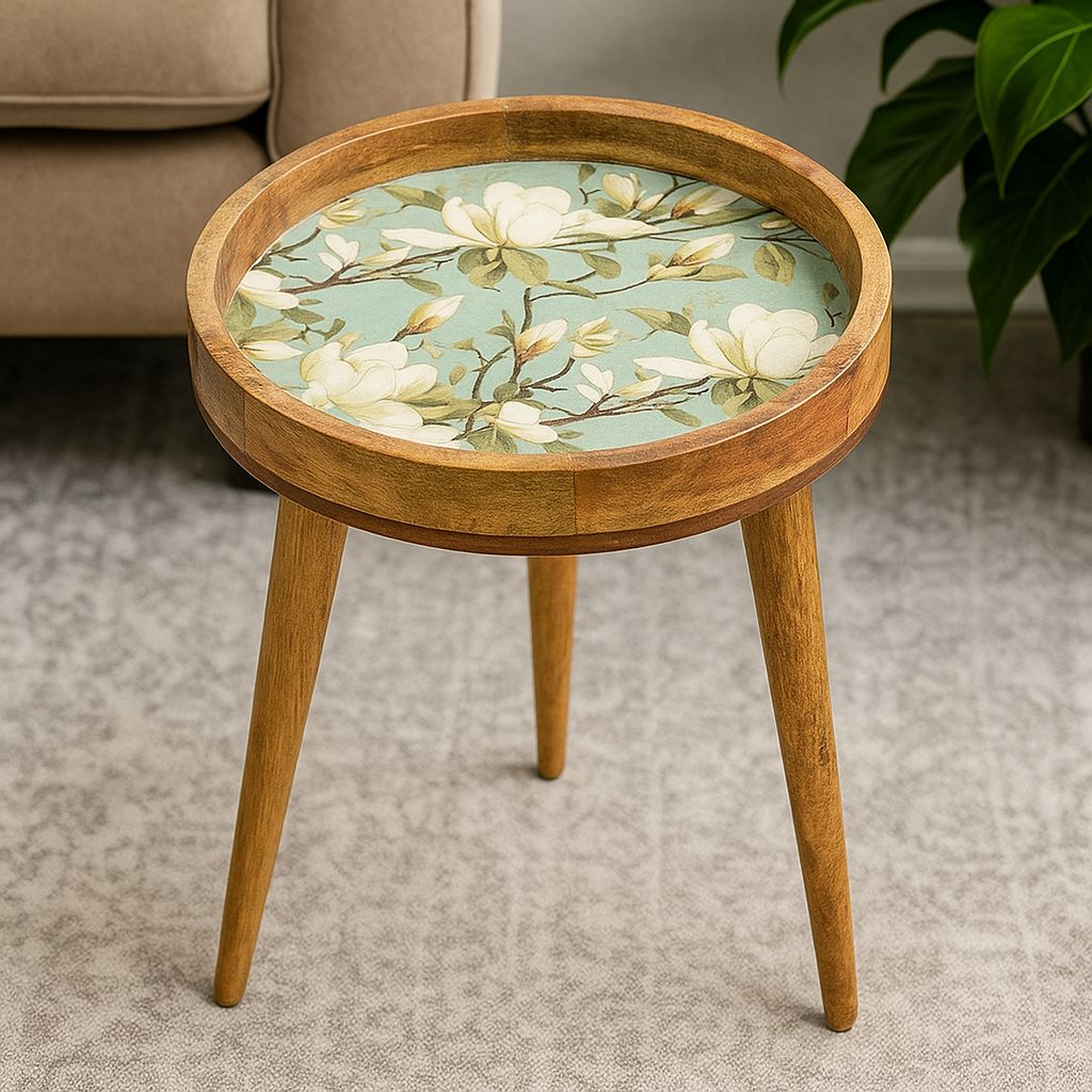 Round Handmade Mango Wood End Table with Ivory Bloom Design