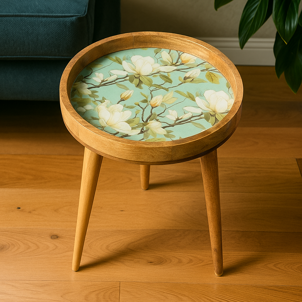 Round Handmade Mango Wood End Table with Ivory Bloom Design