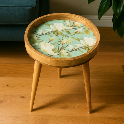 Round Handmade Mango Wood End Table with Ivory Bloom Design