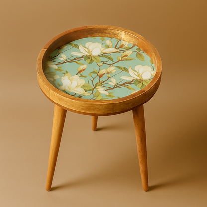 Round Handmade Mango Wood End Table with Ivory Bloom Design