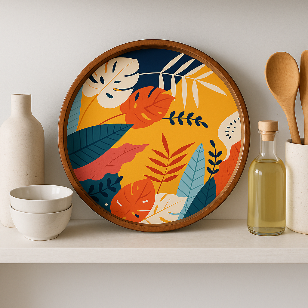 Decorative plate with colorful leaf design on a shelf with kitchen items