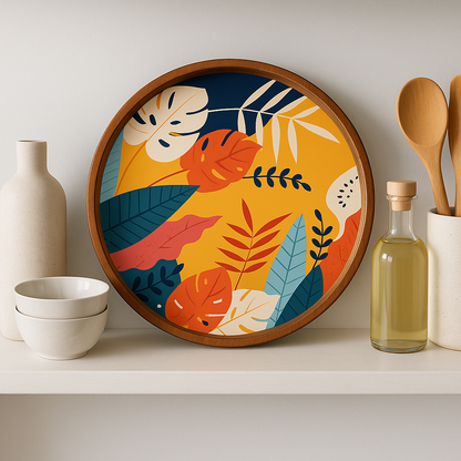 Decorative plate with colorful leaf design on a shelf with kitchen items