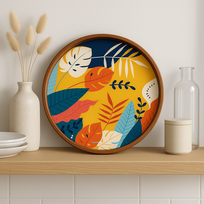 Colourful Resin Inlay Leaf Design Wooden Plate