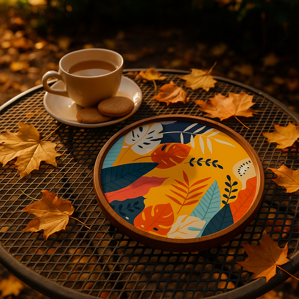 Cup of coffee with cookies on a table surrounded by autumn leaves and a decorative plate with colorful leaf design.