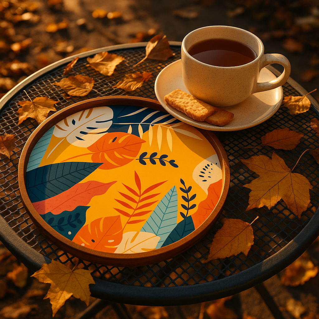 Cup of tea with cookies on a decorative tray with autumn leaf design, surrounded by fallen leaves.