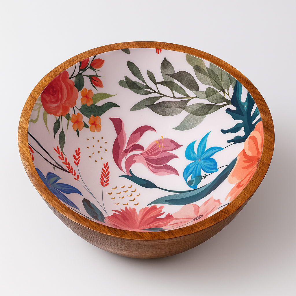 Handcrafted Antique Wooden Resin Bowl with Colourful Floral Design