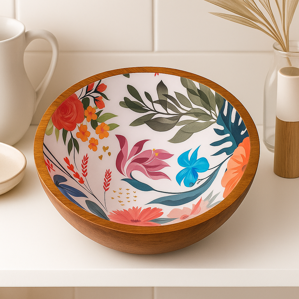 Handcrafted Antique Wooden Resin Bowl with Colourful Floral Design