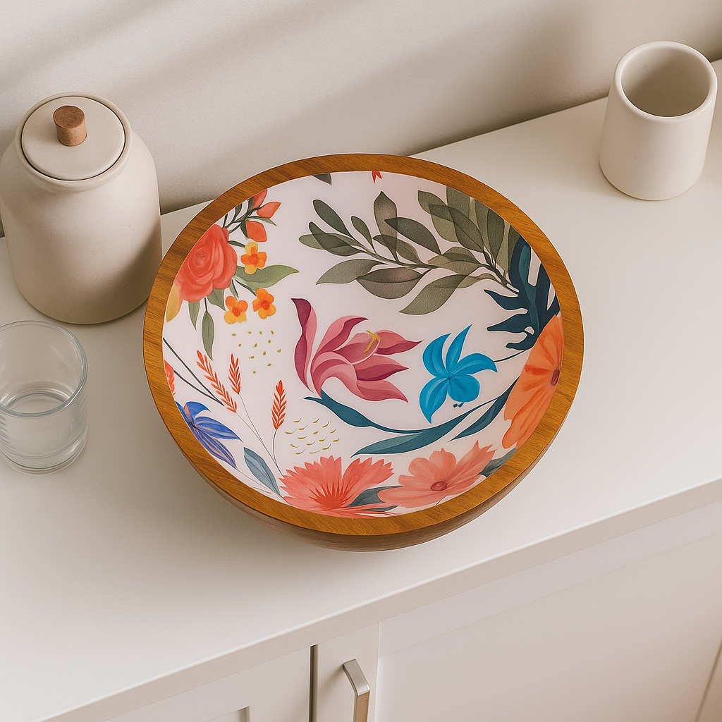 Handcrafted Antique Wooden Resin Bowl with Colourful Floral Design