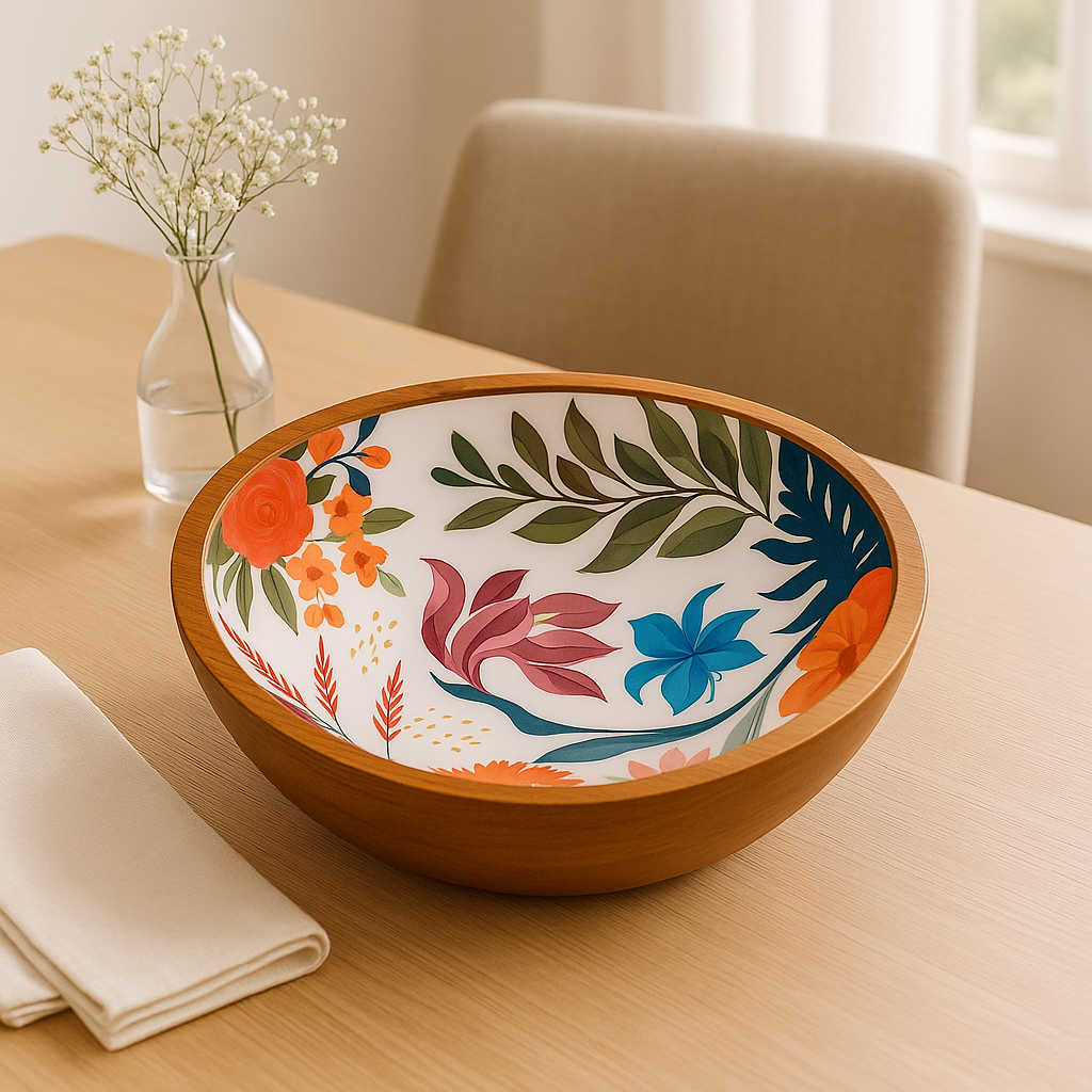 Handcrafted Antique Wooden Resin Bowl with Colourful Floral Design