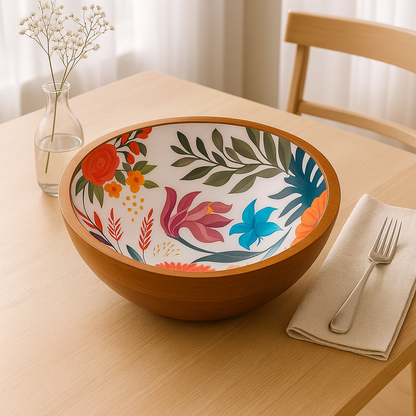Handcrafted Antique Wooden Resin Bowl with Colourful Floral Design