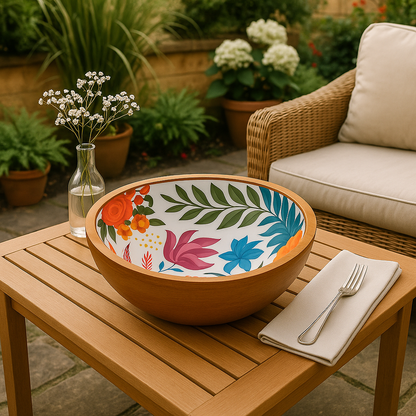 Handcrafted Antique Wooden Resin Bowl with Colourful Floral Design