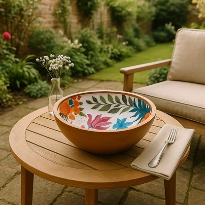 Handcrafted Antique Wooden Resin Bowl with Colourful Floral Design