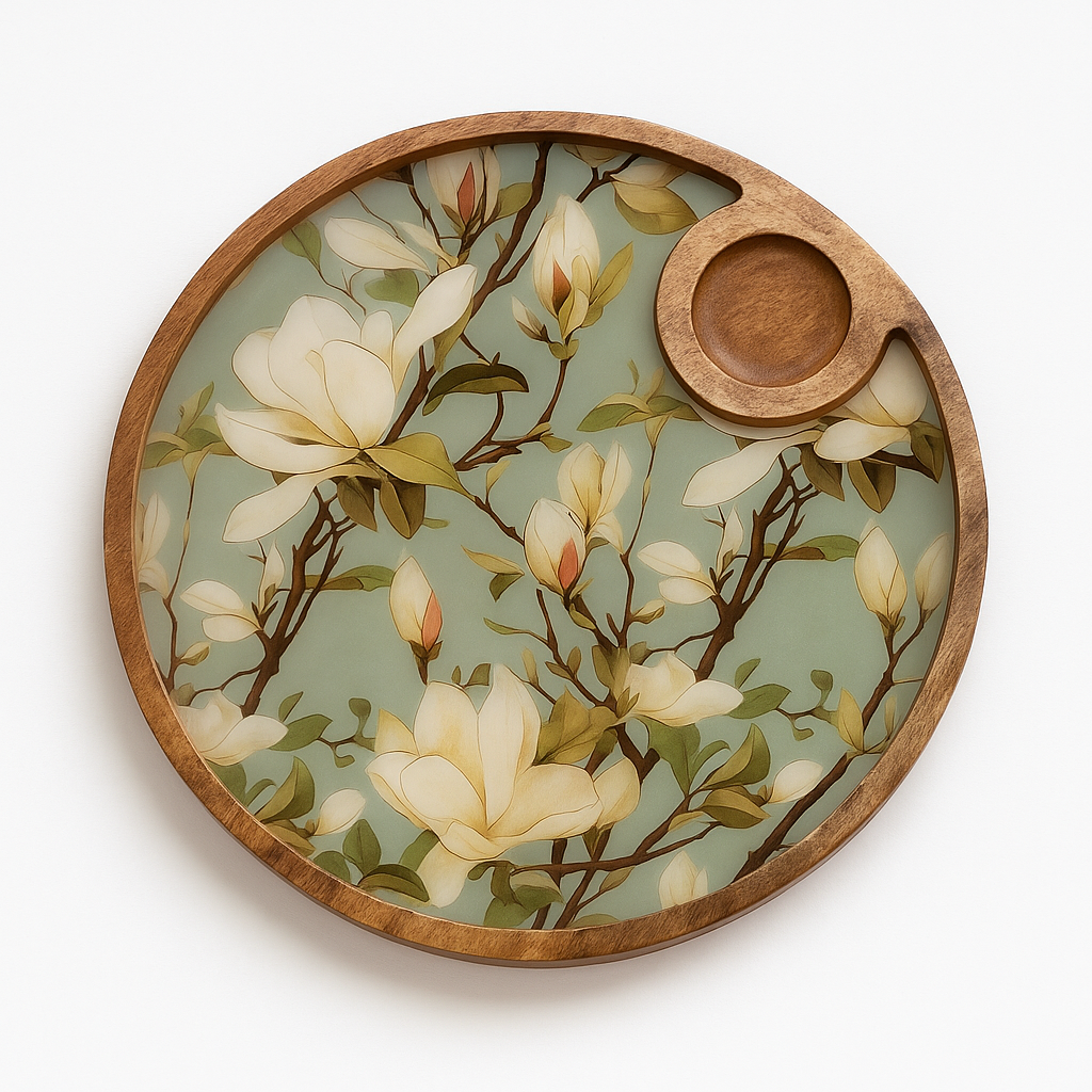 Hand Painted Green Resin Floral Serving Platter