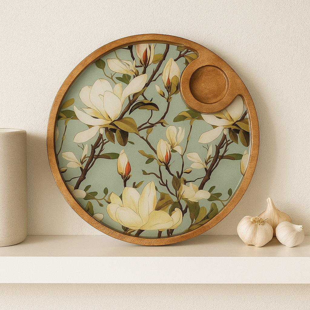 Hand Painted Green Resin Floral Serving Platter