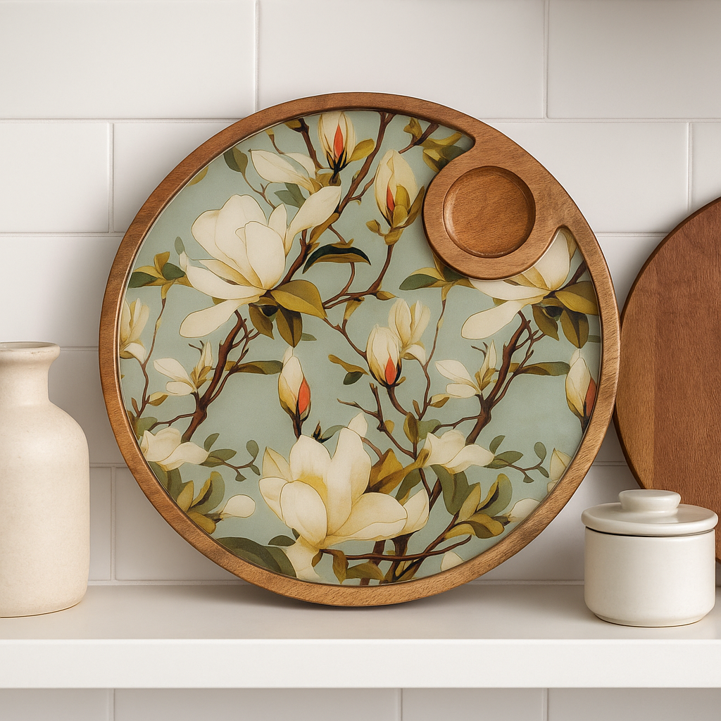 Hand Painted Green Resin Floral Serving Platter