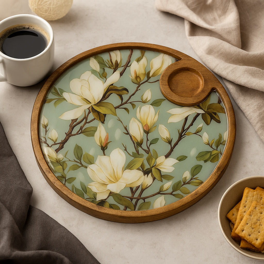 Hand Painted Green Resin Floral Serving Platter