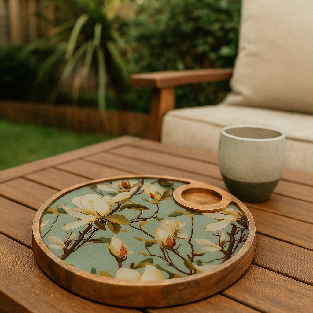 Hand Painted Green Resin Floral Serving Platter
