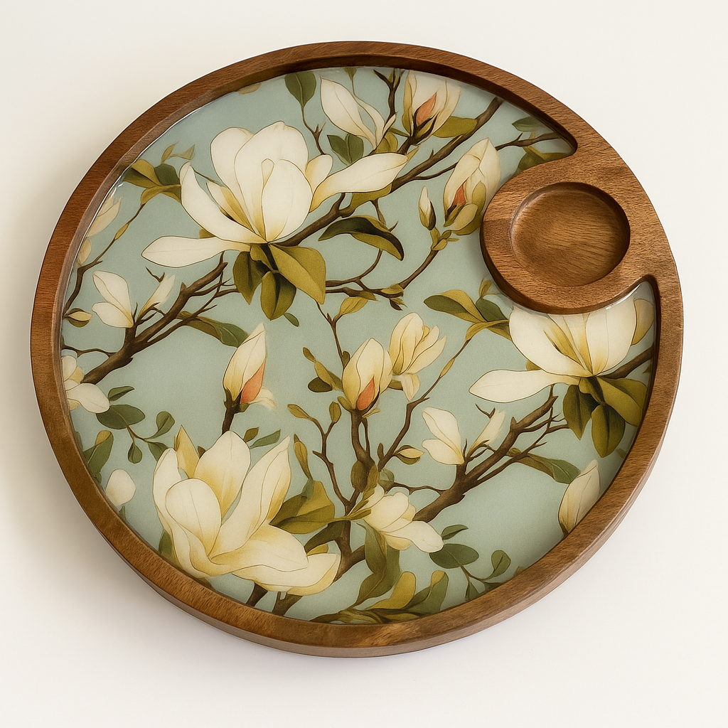 Hand Painted Green Resin Floral Serving Platter