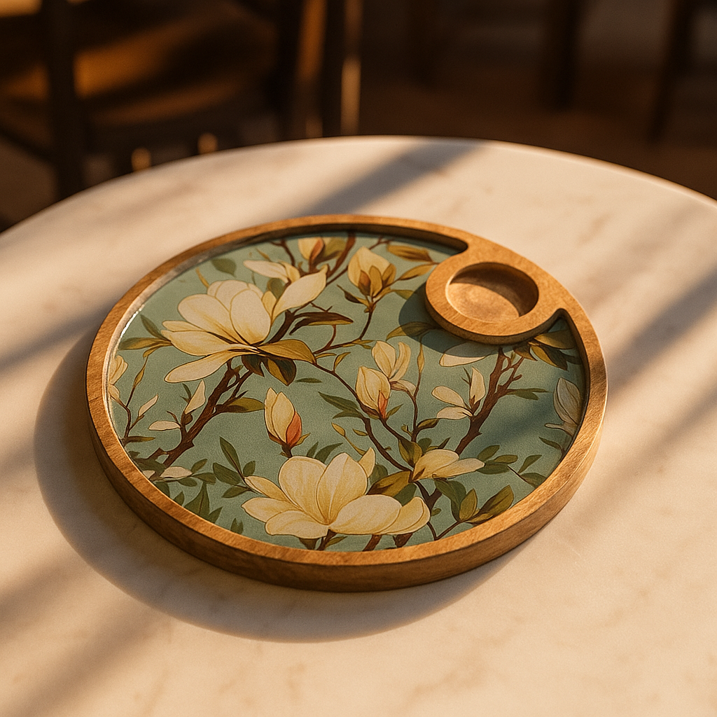 Hand Painted Green Resin Floral Serving Platter