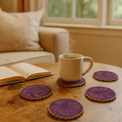 Handcrafted Purple Swirl set of 4 Wooden Coasters
