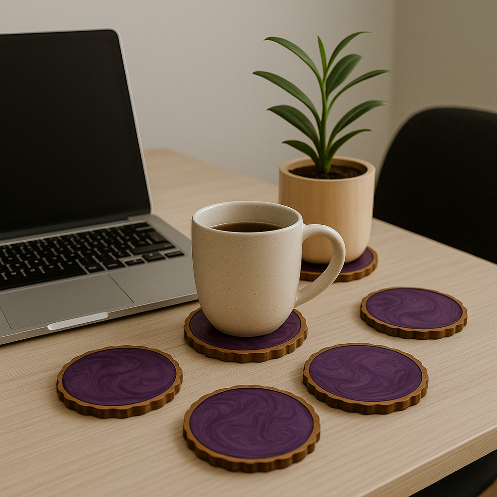 Handcrafted Purple Swirl set of 4 Wooden Coasters