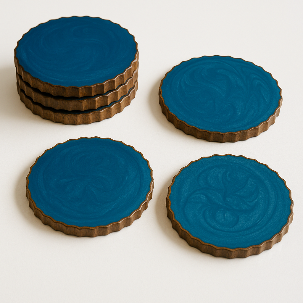 Set of 4 Handmade Round Tea Resin Blue Wooden Coaster