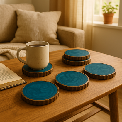 Set of 4 Handmade Round Tea Resin Blue Wooden Coaster