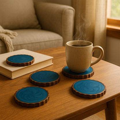 Set of 4 Handmade Round Tea Resin Blue Wooden Coaster