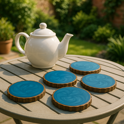 Set of 4 Handmade Round Tea Resin Blue Wooden Coaster