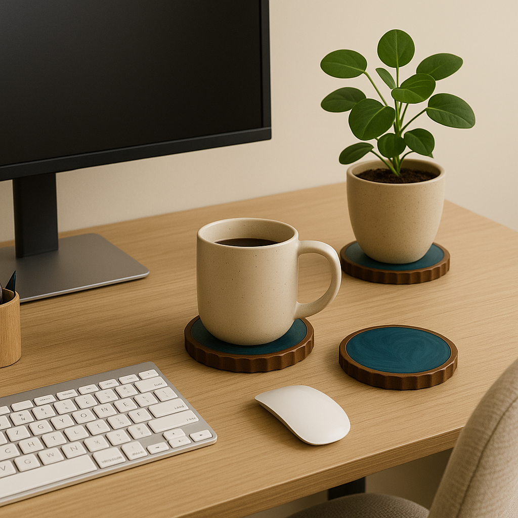 Set of 4 Handmade Round Tea Resin Blue Wooden Coaster