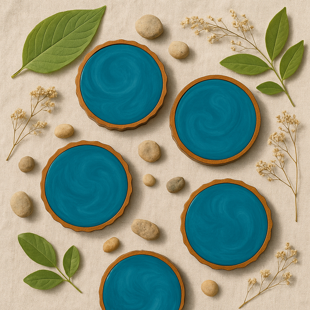 Set of 4 Handmade Round Tea Resin Blue Wooden Coaster