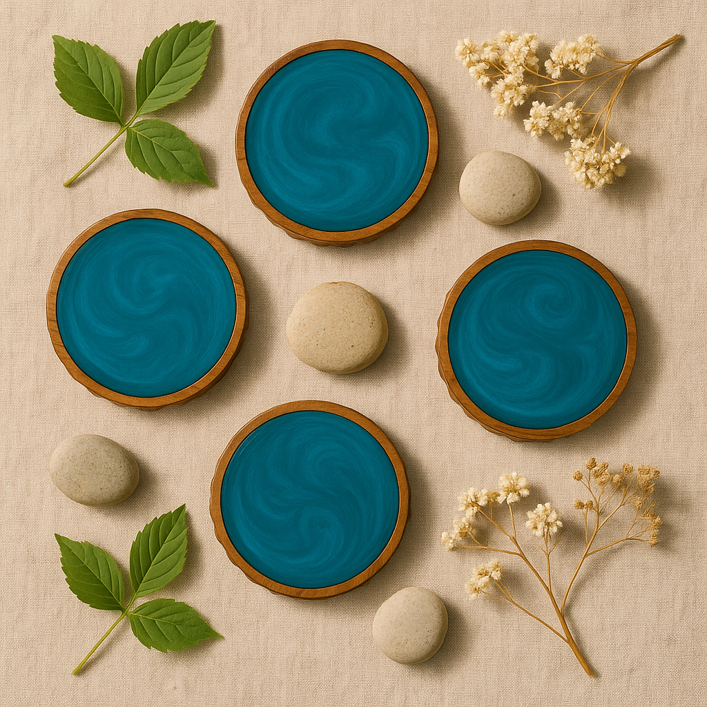 Set of 4 Handmade Round Tea Resin Blue Wooden Coaster