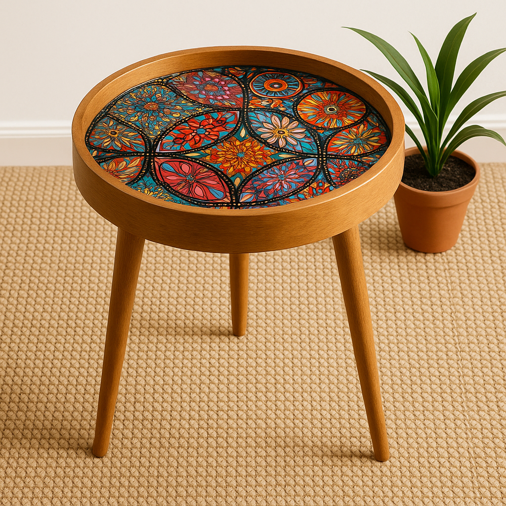 Handmade Mango Wood Floral Side Table
