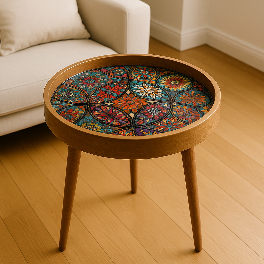 Handmade Mango Wood Floral Side Table