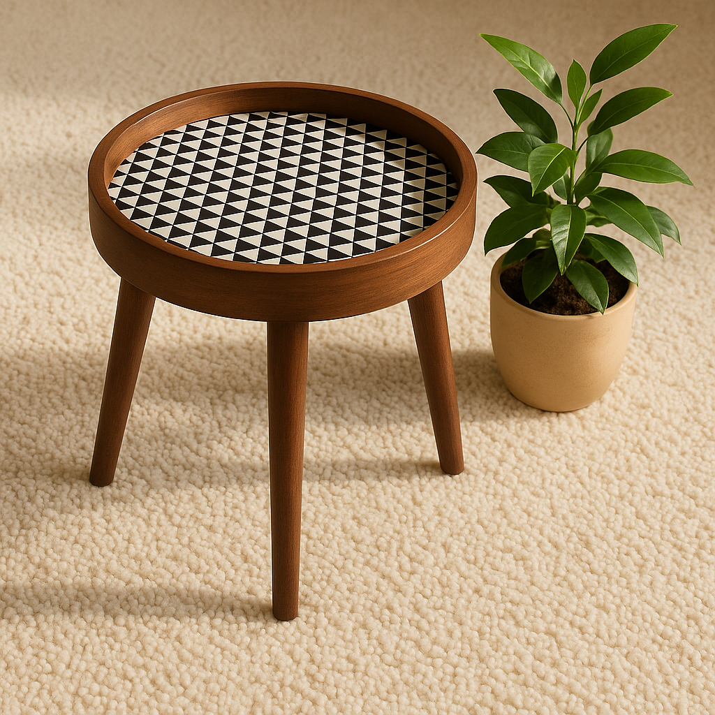 Handmade Side Table Solid Mango Wood Detachable Legs Geometric Elegance: Handcrafted Wooden Tray with Monochrome Optical Illusion Pattern